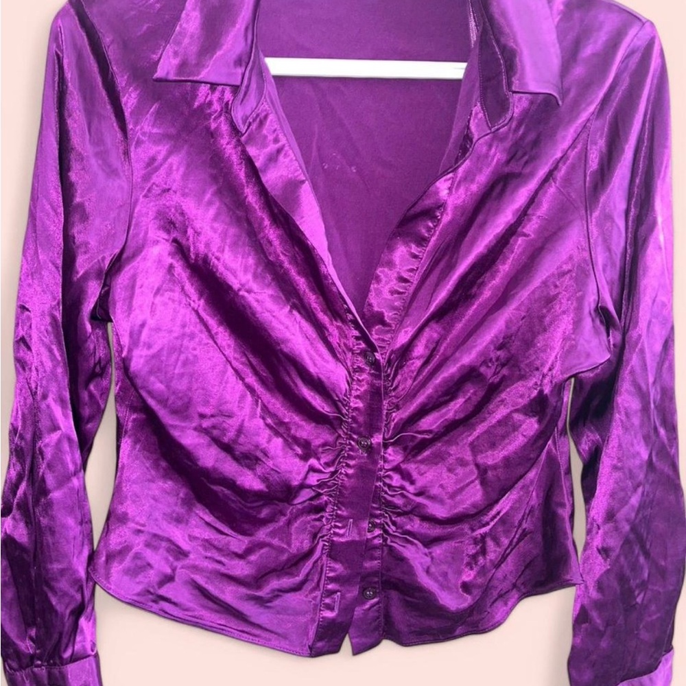 Purple Ruched Notched Collar Blouse